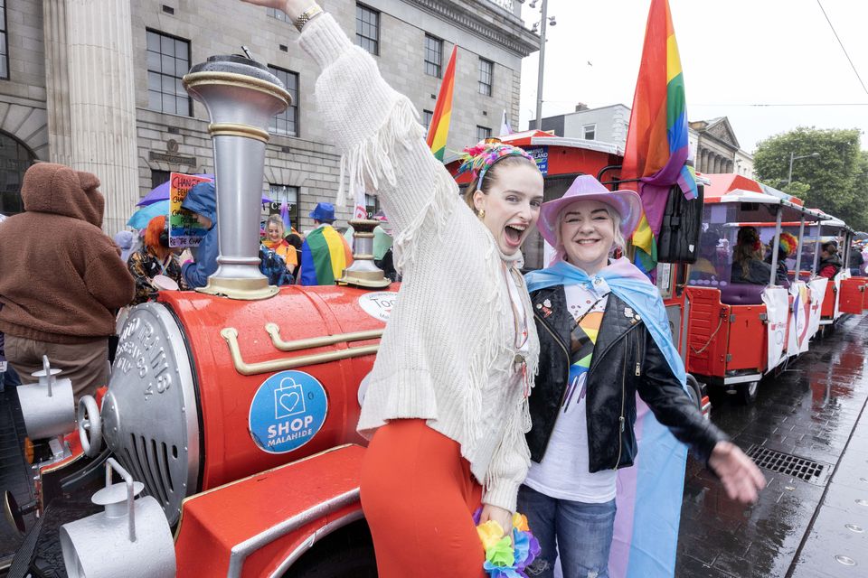 Members of the Irish Red Cross Youth took part in today's Pride parade in Dublin for their 13th sucessive year. Pictured aboard the Irish Red Cross Youth Train are Juliette O'Dwyer and Catriona Finn.
Photo: Tony Gavin 29/06 2024