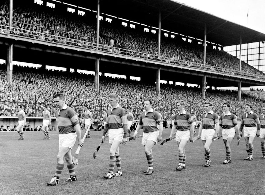 The Tipperary captain Jimmy Doyle leads the Tipperary and Wexford teams duirng the parade ahead of the 1965 All-Ireland against Wexford
