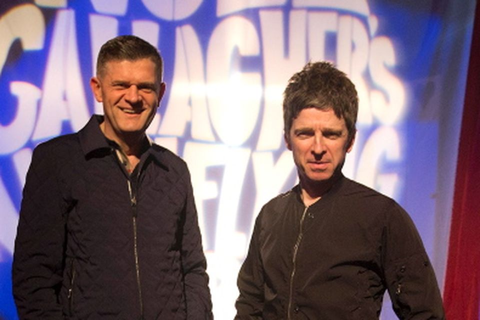 Former Oasis frontman Noel Gallagher pictured with Brendan O'Connor during rehearsals on the set of the RT? Saturday Night Show where he performed two songs with his band High Flying Birds from their new album Chasing Yesterday. Picture Andres Poveda