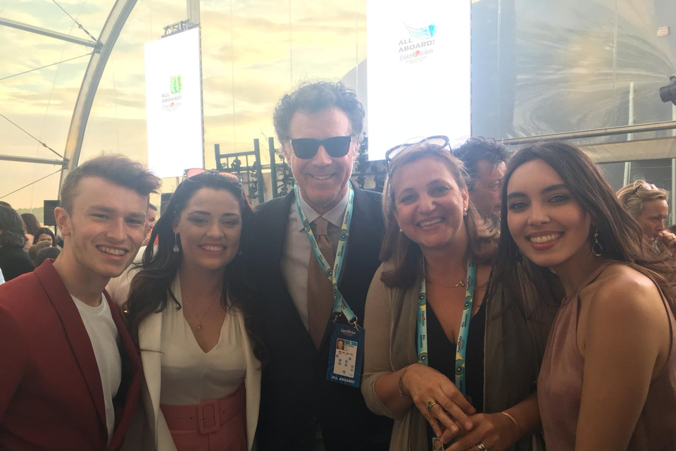 Will Ferrell (centre) with Ireland's dancer Kevin O'Dwyer, and backing singers Janet Grogan and Remy Anna on Eurovision blue carpet