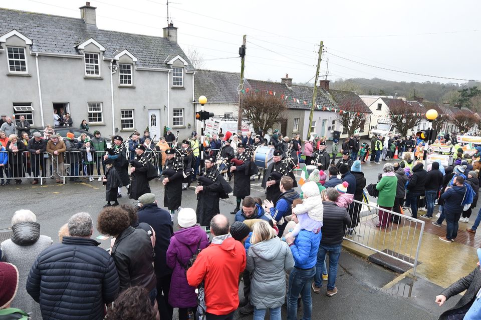 The Arklow Pipe Band lead the St Patrick's Day parade in Coolgreany. Pic: Jim Campbell