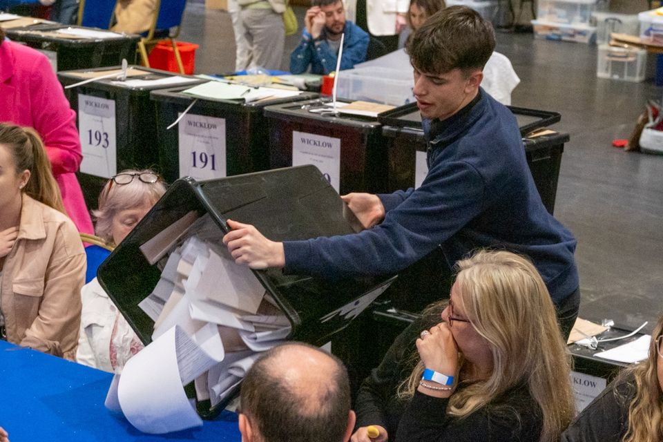 A box of ballot papers being emptied out for counting in County Wicklow. Photo: Leigh Anderson