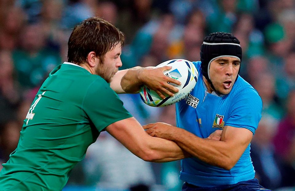 Rugby Union - Ireland v Italy - IRB Rugby World Cup 2015 Pool D - Olympic Stadium, London, England - 4/10/15
Italy's Edoardo Gori and Ireland's Iain Henderson in action
Reuters / Eddie Keogh
Livepic
