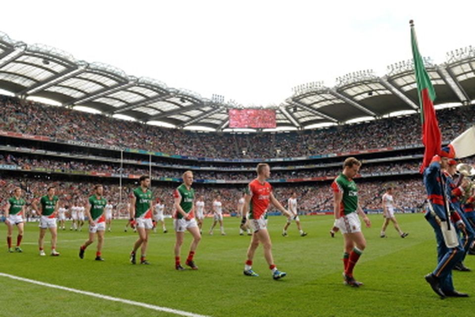The Mayo team during the parade prior to their victory over Tyrone
