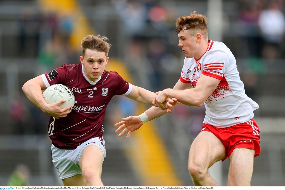Johnny McGrath of Galway in action against Lachlan Murray of Derry during the All-Ireland SFC Round 1 at Pearse Stadium in Galway. Photo: Stephen McCarthy/Sportsfile