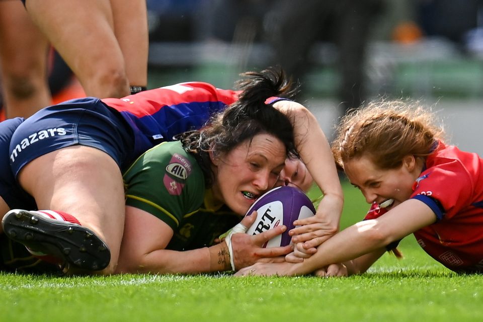 Railway Union's Lindsay Peat scores her side's fifth against UL Bohemian in the Energia All-Ireland League Women's Division 1 final. Photo: Seb Daly / Sportsfile