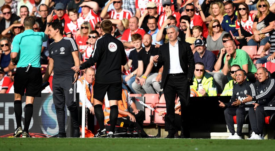 Jose Mourinho is sent from the line by referee Craig Pawson. Photo: Reuters