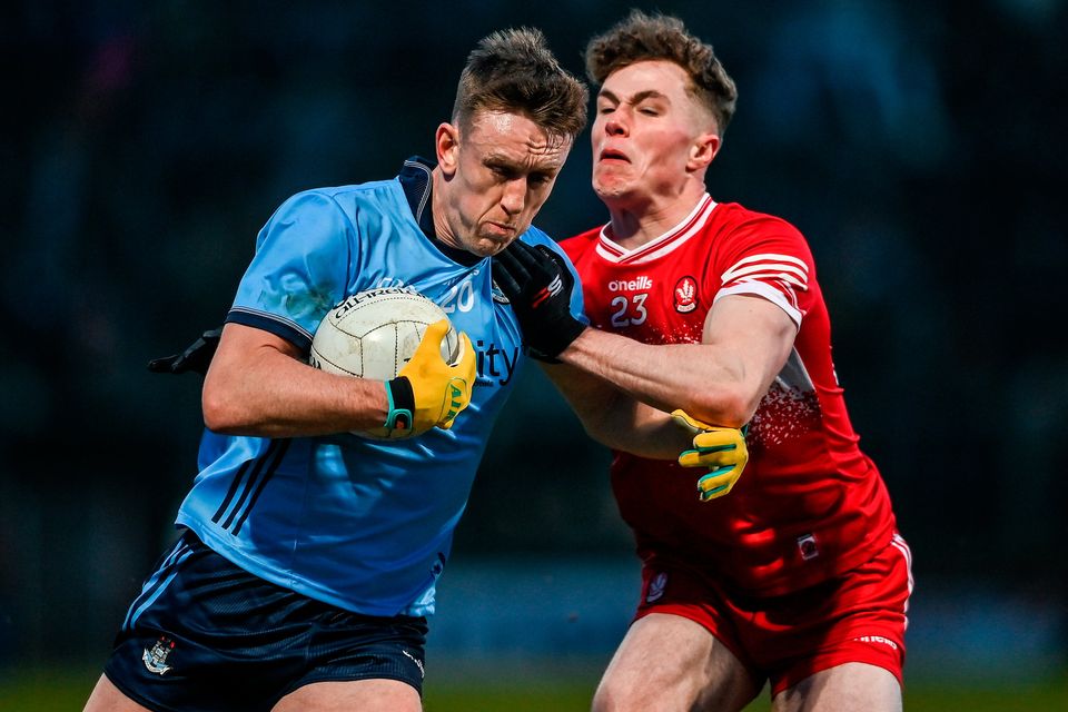Dublin’s Tom Lahiff tangles with Eoin McEvoy. Photo by David Fitzgerald/Sportsfile