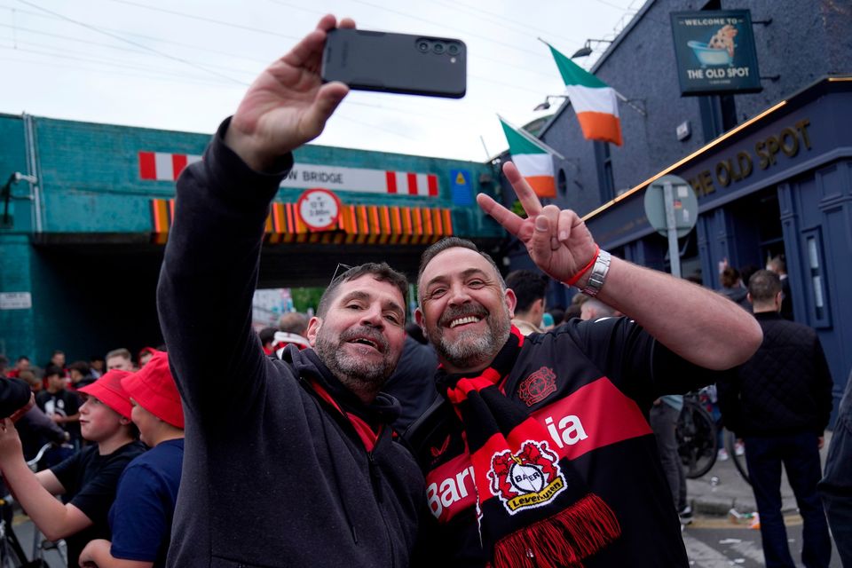 Bayer Leverkusen fans on their way to the ground before the UEFA Europa League final at the Aviva Stadium, Dublin. Photo: Brian Lawless/PA Wire.