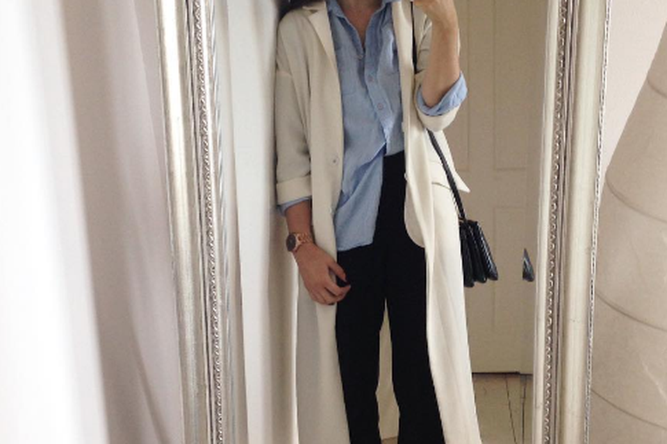 Culottes, an oversized shirt and a duster coat make for a classic outfit of the day. Photo: Siomha Connolly Instagram