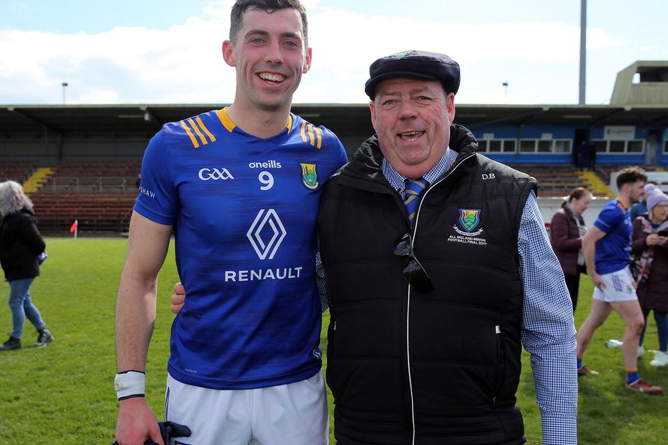 Captain Padraig O'Toole and County Chairman Damien Byrne from Kiltegan after the Waterford v Wicklow final round of the Allianz Division 4 Football League at Fraher Field, Dungarvan.