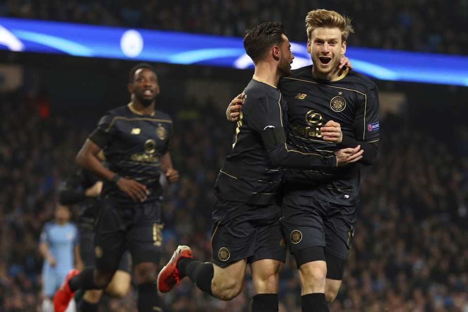 Patrick Roberts, pictured centre, scored for Celtic at the Etihad