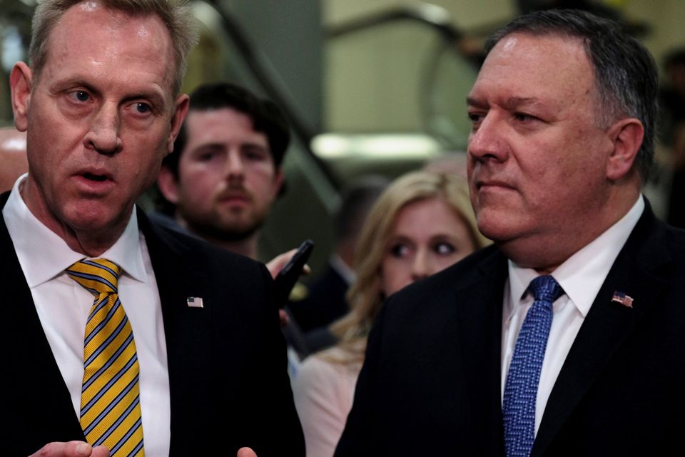 Acting US Defence Secretary Patrick Shanahan, left, and US Secretary of State Mike Pompeo speak to reporters after briefing senators on Iran in Washington
REUTERS/James Lawler Duggan