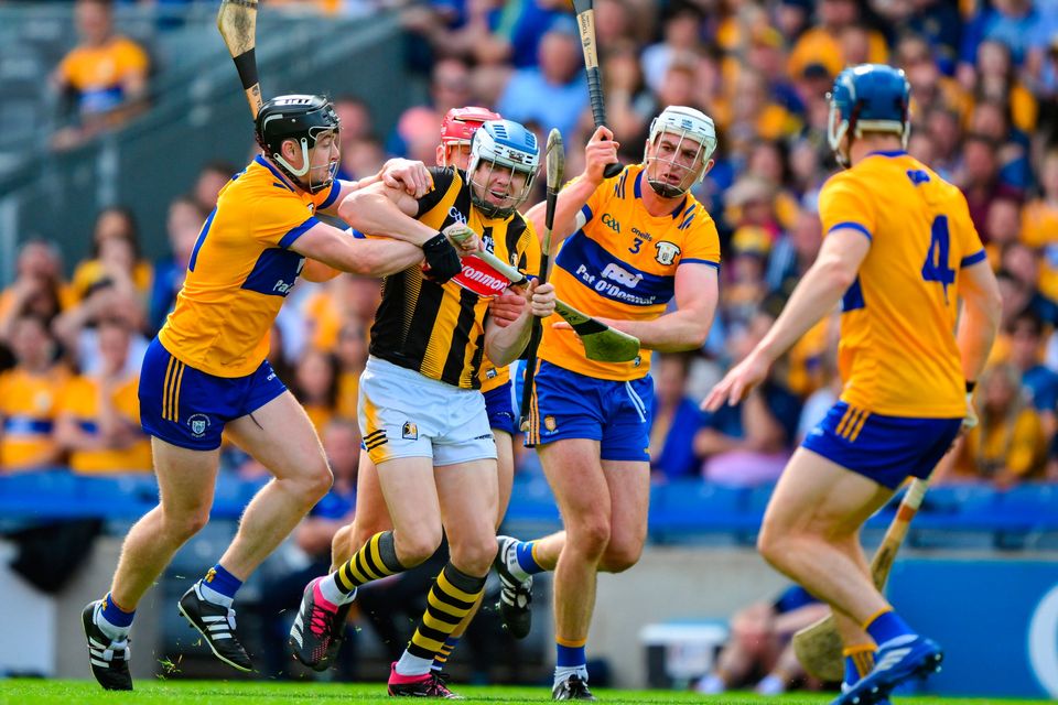 Kilkenny’s TJ Reid  comes under pressure from Tony Kelly, John Conlon and Conor Cleary of Clare during their All-Ireland SHC semi-final. Photo: Ray McManus/Sportsfile