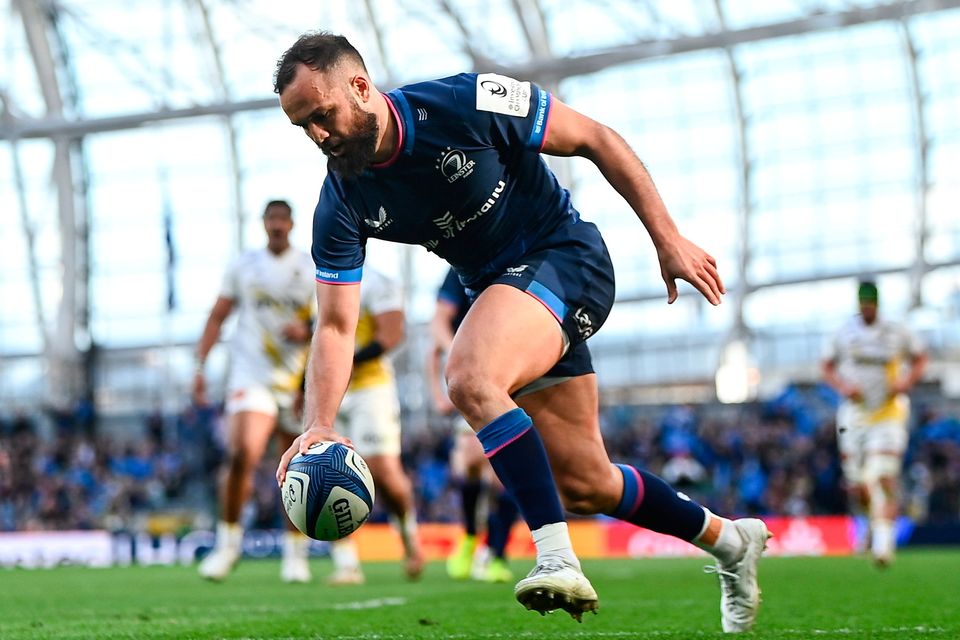 Leinster's Jamison Gibson-Park scores his side's second try during their Investec Champions Cup quarter-final victory over La Rochelle at the Aviva Stadium. Photo: Harry Murphy/Sportsfile