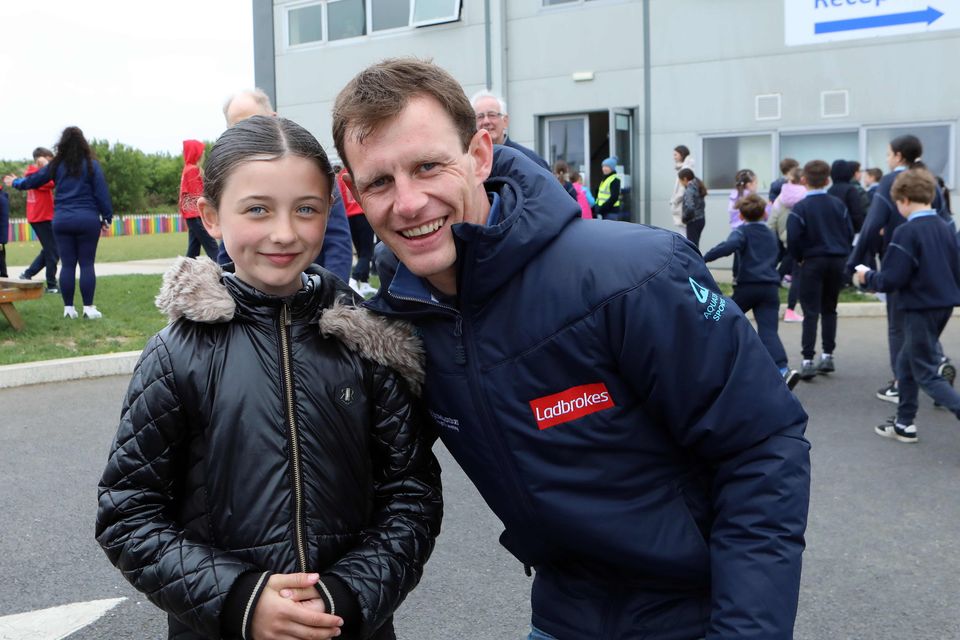 Leading jockey Paul Townend was guest of honour at the annual launch of the Laytown Races colouring competition at Scoil an Spioraid Naoimh, National School.  Samantha Hegarty pictured here with Paul Townend.

Photo: Jenny Callanan Photography. 