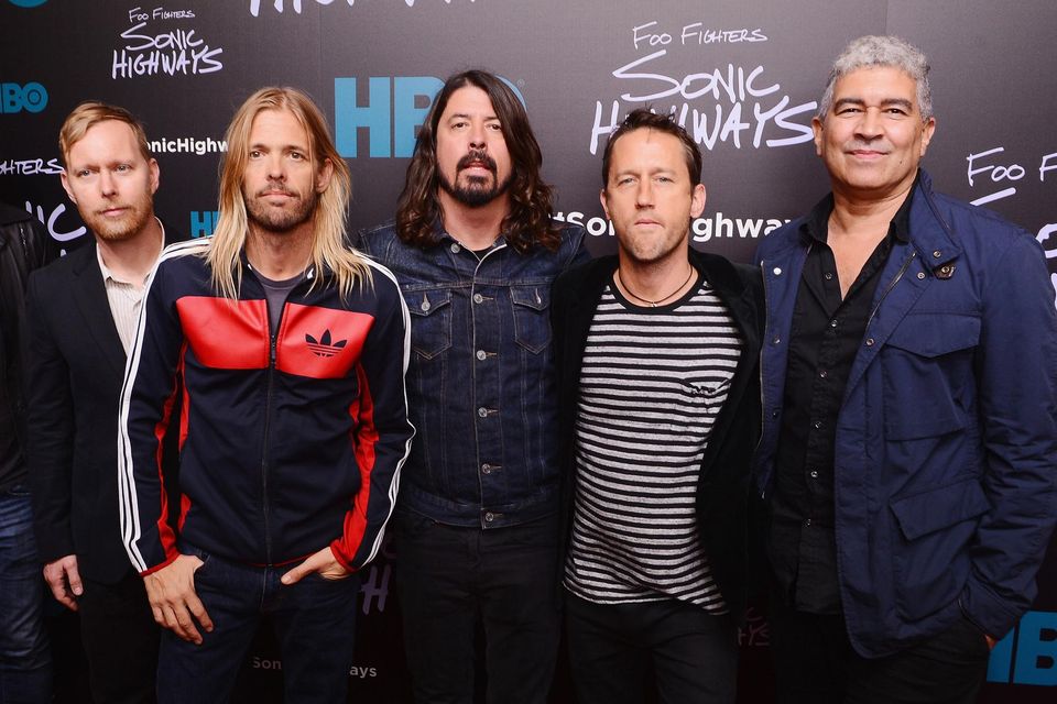 The Foo Fighters in 2014, including Taylor Hawkins (second left) and Dave Grohl (centre). Photo by Stephen Lovekin/Getty