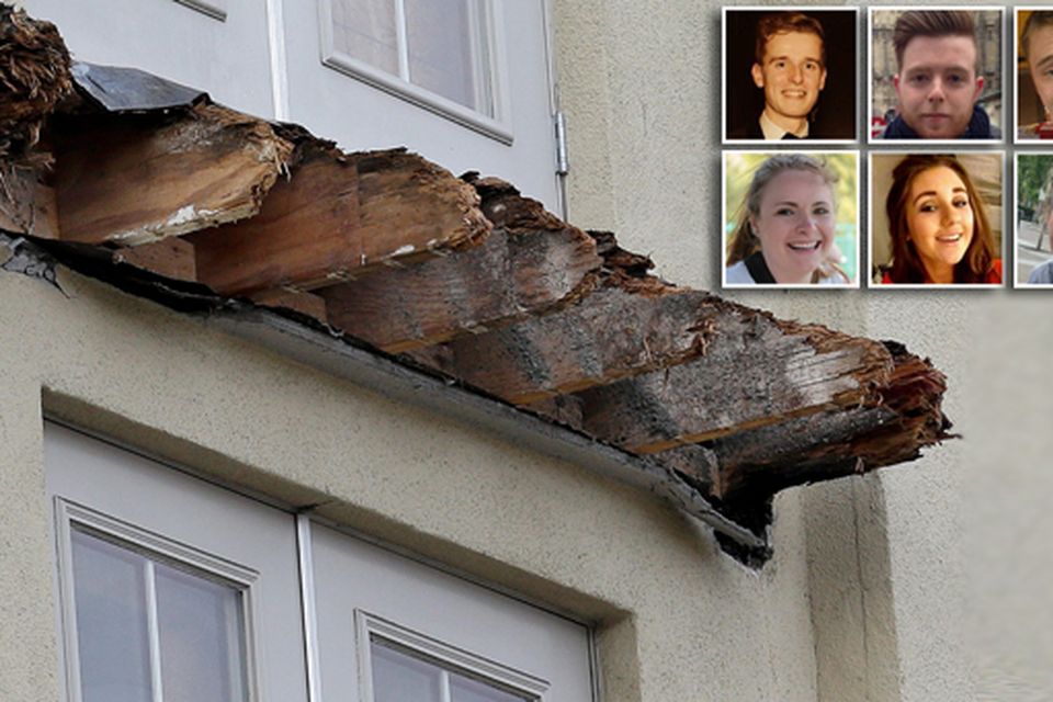 The remnants of the Library Gardens apartment building balcony that collapsed. Inset: The six students who lost their lives in the tragic accident, top left to bottom right: Lorcan Miller, Eoghan Culligan, Nick Schuster, Ashley Donohoe, Eimear Walsh and Olivia Burke