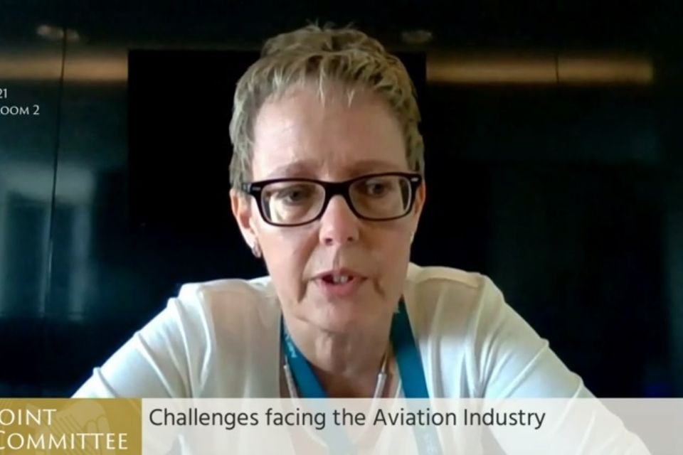 Screen grab from Oireachtas TV of Aer Lingus chief executive Lynne Embleton, who said the amount of flights out of Shannon meant it was "not cost-effective" to have a crew based at the airport. Issue date: Tuesday June 22, 2021.