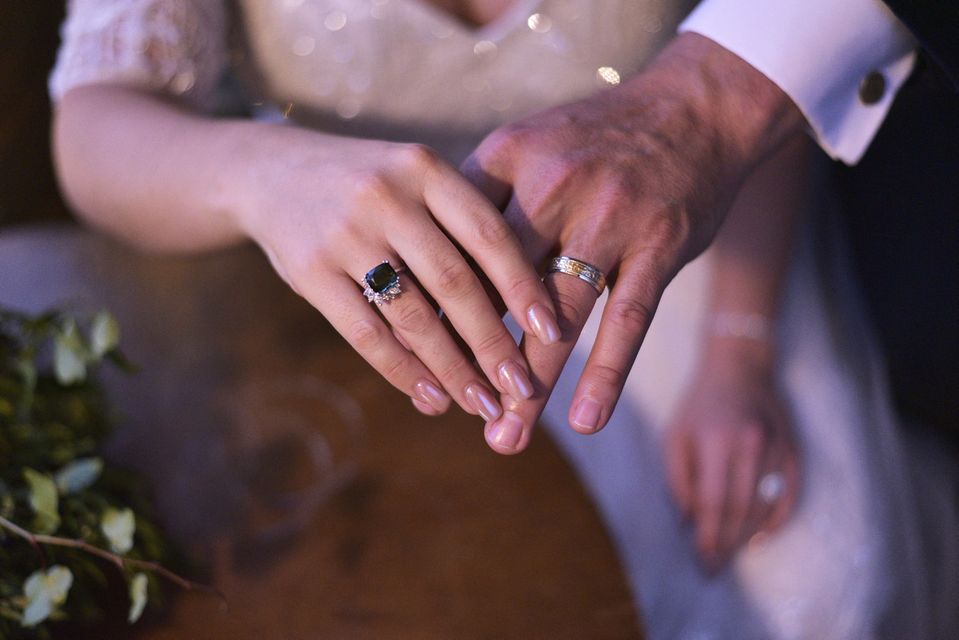The happy couple’s bespoke wedding bands. Photos: Shane O’Neill