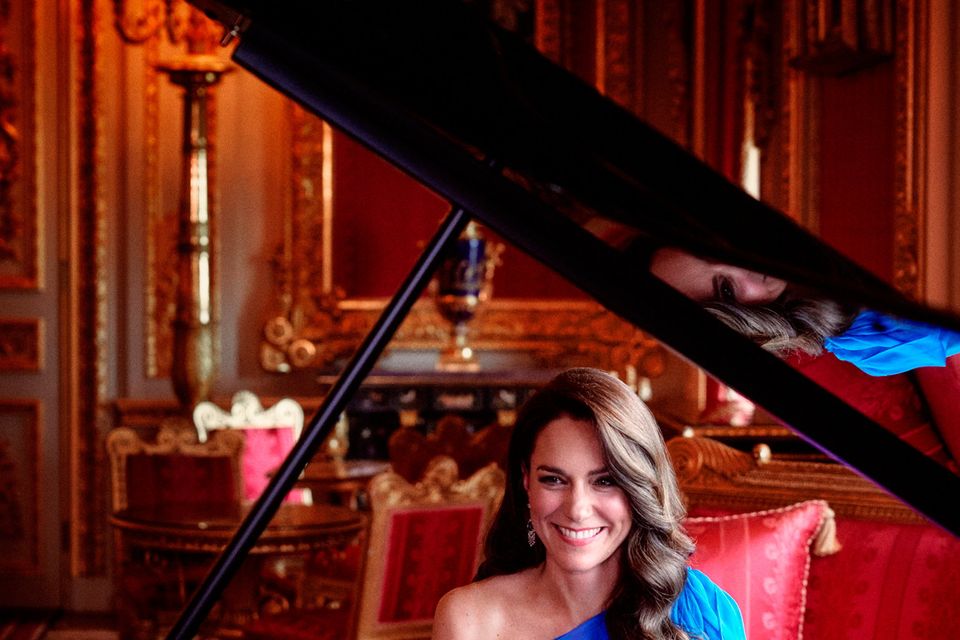 Kate Middleton recording an instrumental piano performance in Windsor Castle for the opening sequence film for the Eurovision Song Contest final on Saturday. Photo: Alex Bramall