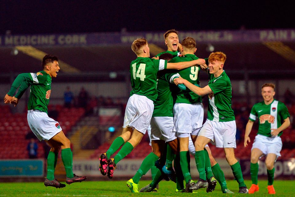 Aaron Drinan (9) celebrates with team-mates after scoring Cork City’s first goal in their UEFA Youth League win over HJK Helsinki at Turner’s Cross last week Photo by Eóin Noonan/Sportsfile