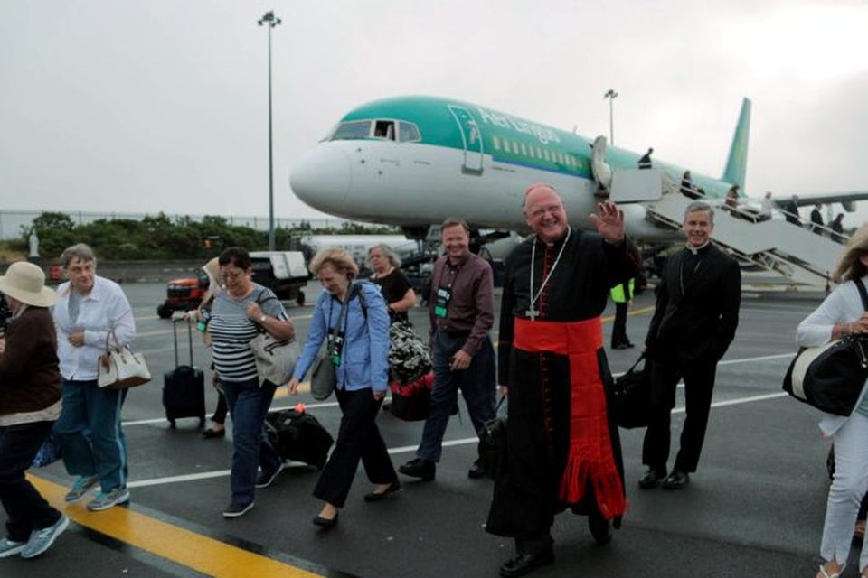 09/08/2015 Cardinal TImothy Dolan, Archbishop of New York arriving at Ireland West Airport Knock on the Aer Lingus flight carrying pilgrims from New York to Knock Shrine. Photo : Keith Heneghan / Phocus