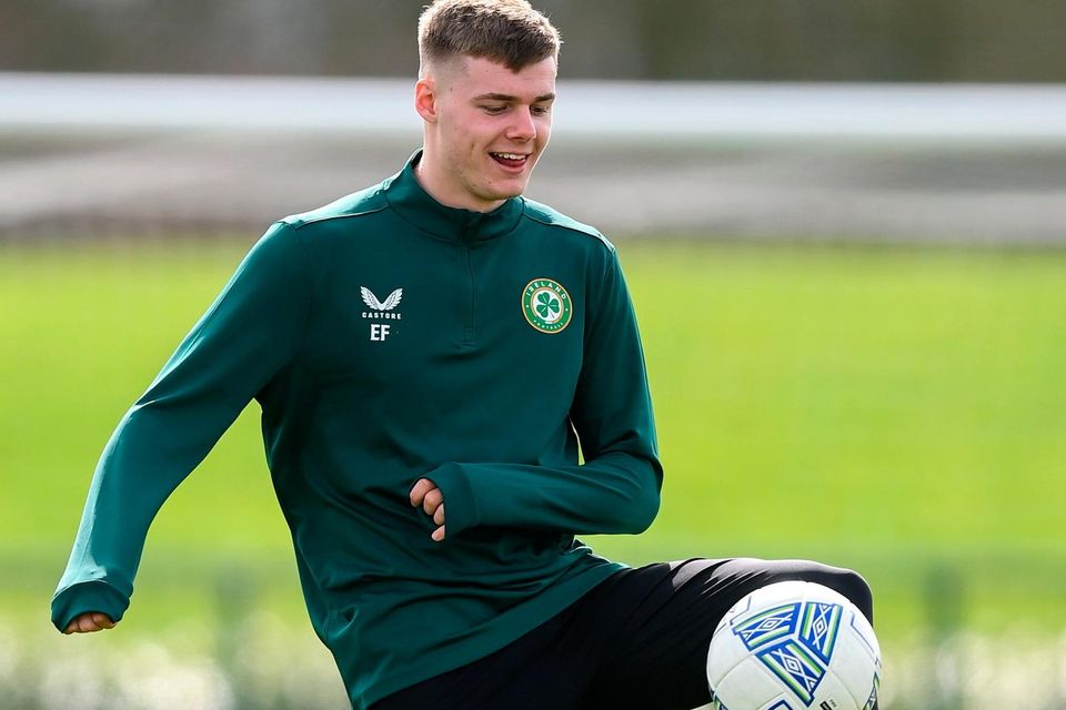 Evan Ferguson during an Ireland training session at the FAI National Training Centre in Abbotstown. Photo by: Stephen McCarthy/Sportsfile