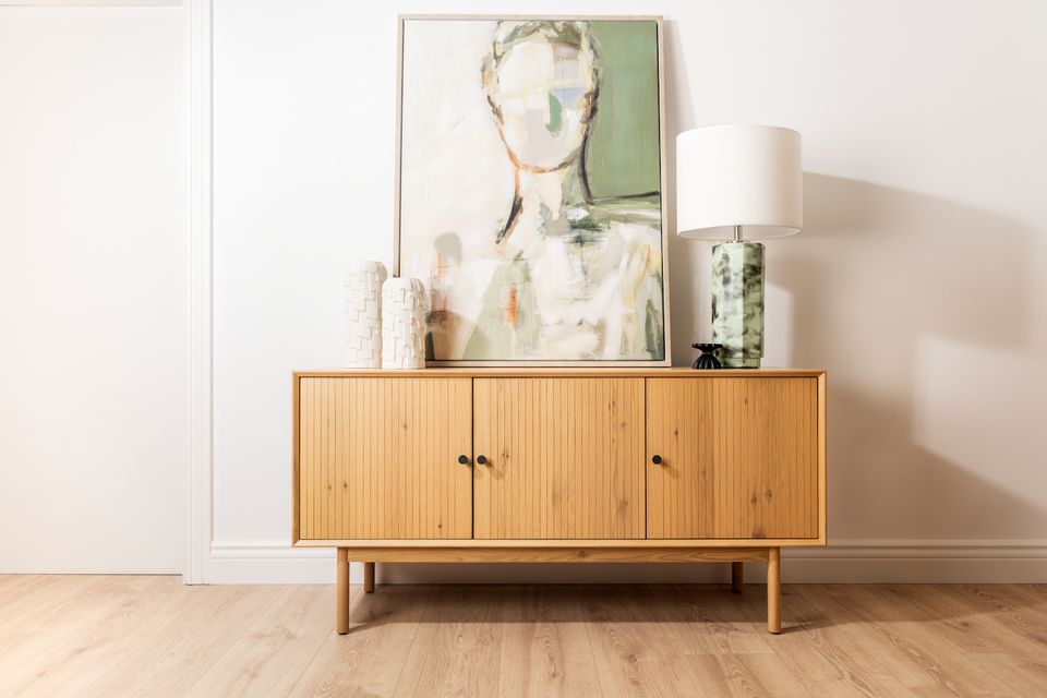 EZ living Interiors Kona three-door sideboard and Shoal green glass table lamp, ezliving-interiors.ie