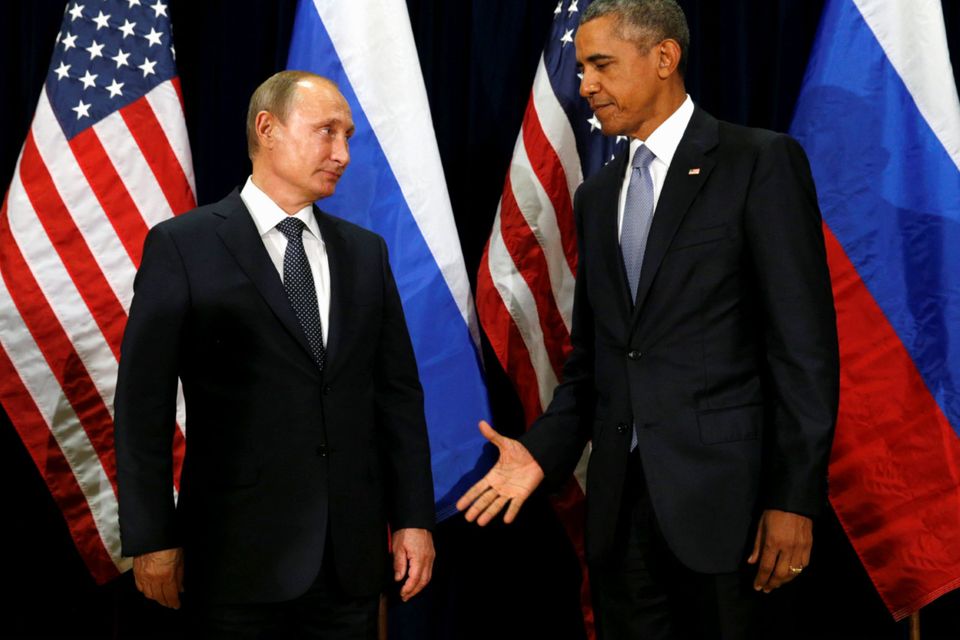 Shake it off: Russian President Vladimir Putin and US President Barack Obama at their meeting at the United Nations General Assembly in New York this week.