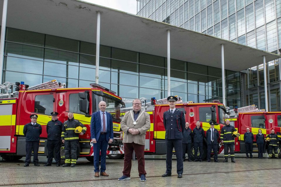 Cork's County Mayor, Cllr Danny Collins, Council CEO Tim Lucey and Seamus Coughlan, Chief Fire Officer, Cork County Fire Service were on hand to take delivery of three new fire engines at County Hall in Cork this week.