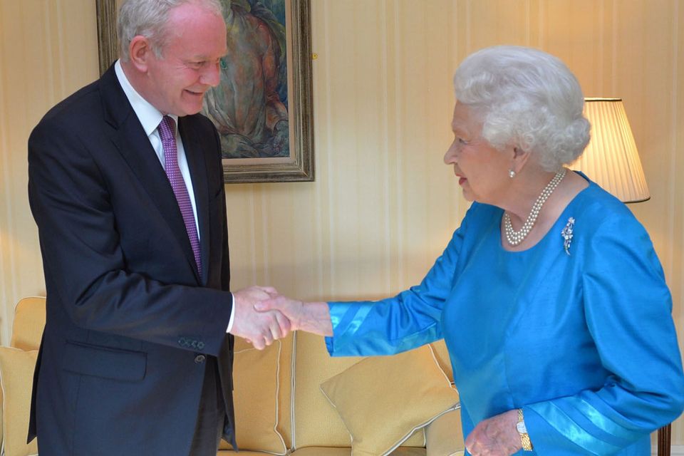 Britain's Queen Elizabeth meets Northern Ireland's Deputy First Minister Martin McGuinness during a private audience at Hillsborough Castle June 23, 2014.