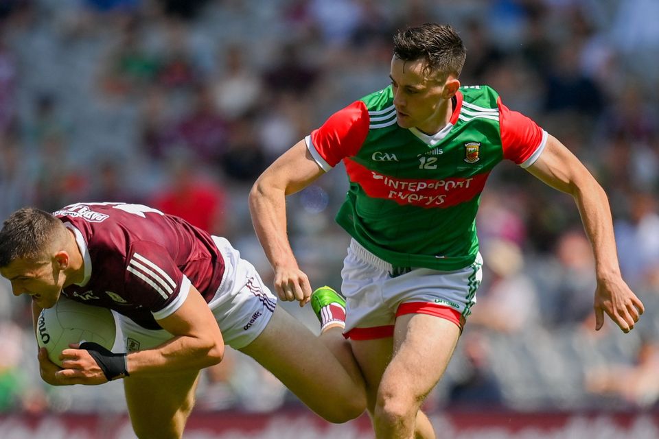 Damien Comer of Galway in action against Lee Keegan of Mayo during the Connacht GAA Senior Football Championship Final match. Photo by Harry Murphy/Sportsfile