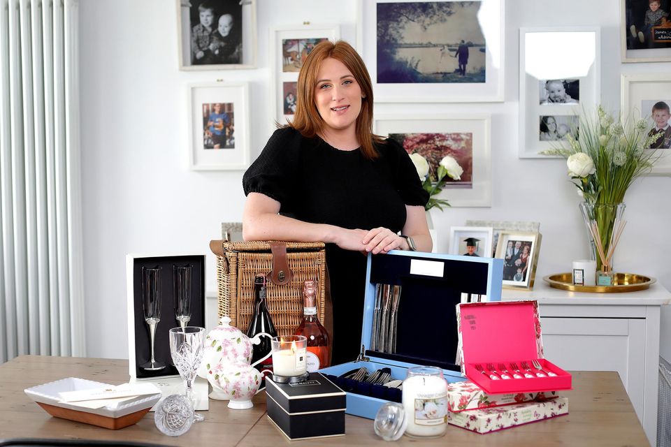 Wedding expert Sara Kennedy pictured with some of her favourite pieces including a Newbridge Silverware canteen set and Jo Malone candle. Photo: Frank McGrath