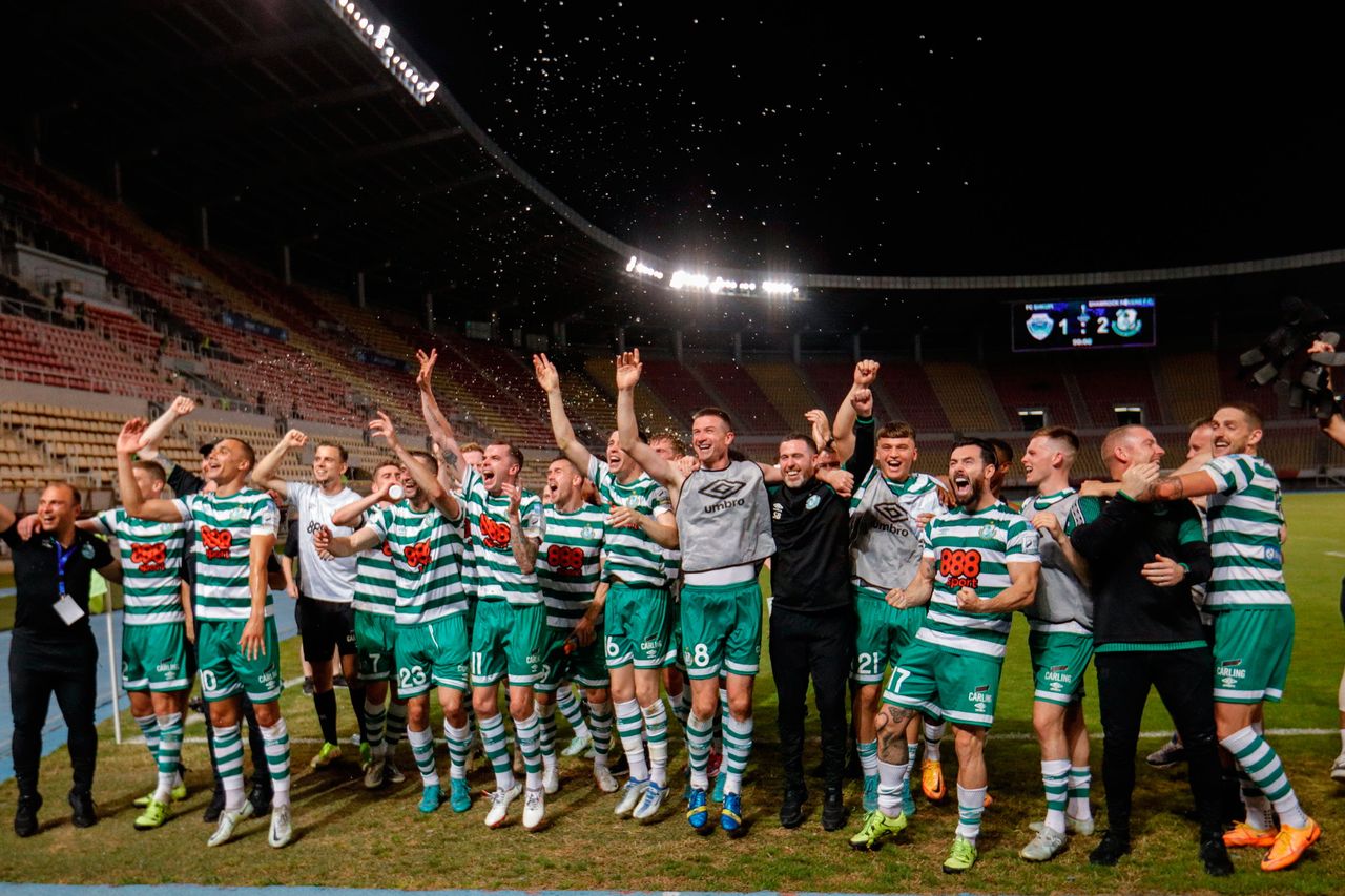 Teammates of Ferencvarosi TC celebrate after the UEFA Europa