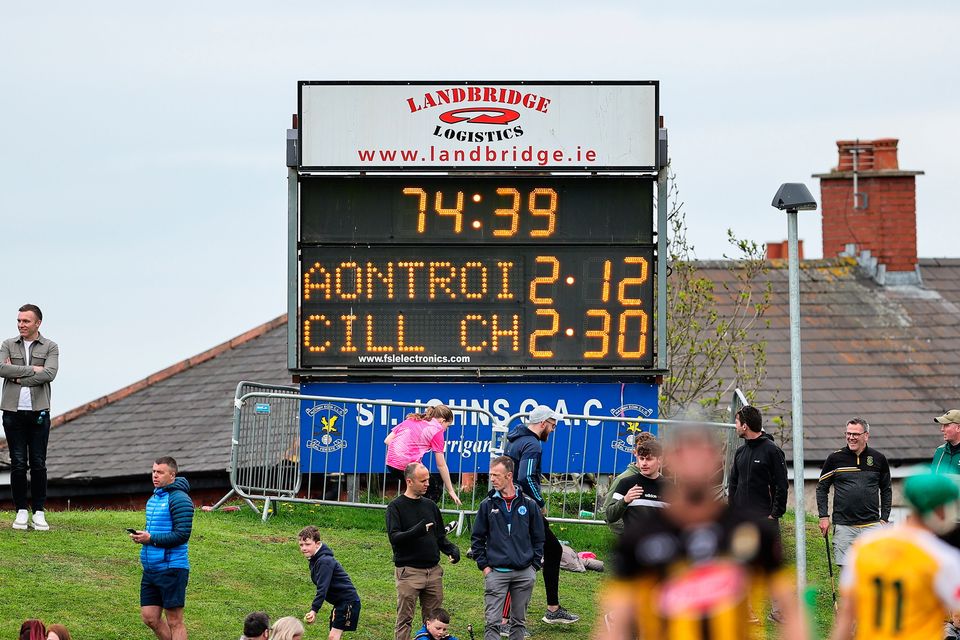 The scoreboard at the final whistle in the Leinster GAA Hurling Senior Championship Round 2 match between Antrim and Kilkenny at Corrigan Park in Belfast. Photo by Thomas Flinkow/Sportsfile