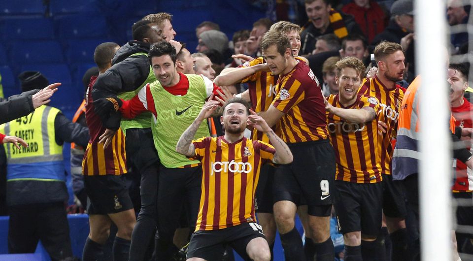 Mark Yeates celebrates his goal for Bradford against Chelsea in the FA Cup.