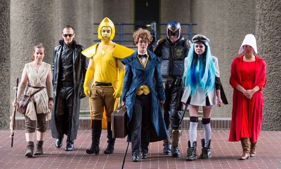LONDON, ENGLAND - AUGUST 02:  (L-R) Science fiction fans, cosplayers and aficionados Eleanor Jane Stringer, Scott Simmons, Alex Chapman, Chloe Stockwell, William Conley, Carrie Baird and Mai Fox celebrate the final month of 'Into The Unknown: A Journey Through Science Fiction' exhibition at Barbican Centre on August 2, 2017 in London, England.  (Photo by Jeff Spicer/Getty Images)