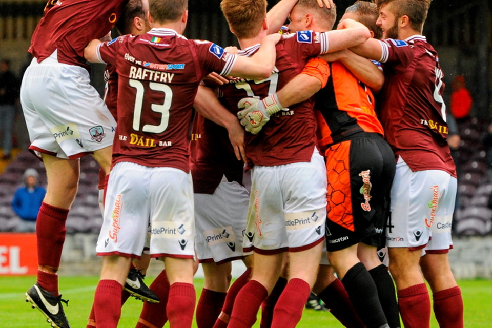 Galway United players celebrate after their penalty shoot-out victory
