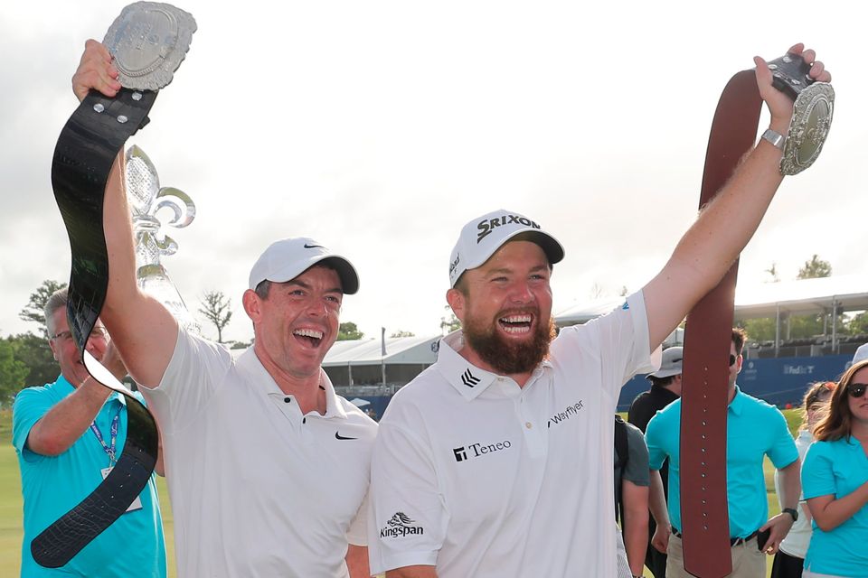 Tag-team champions: Rory McIlroy and Shane Lowry celebrate their victory at the Zurich Classic of New Orleans at TPC Louisiana. Photo: Getty Images