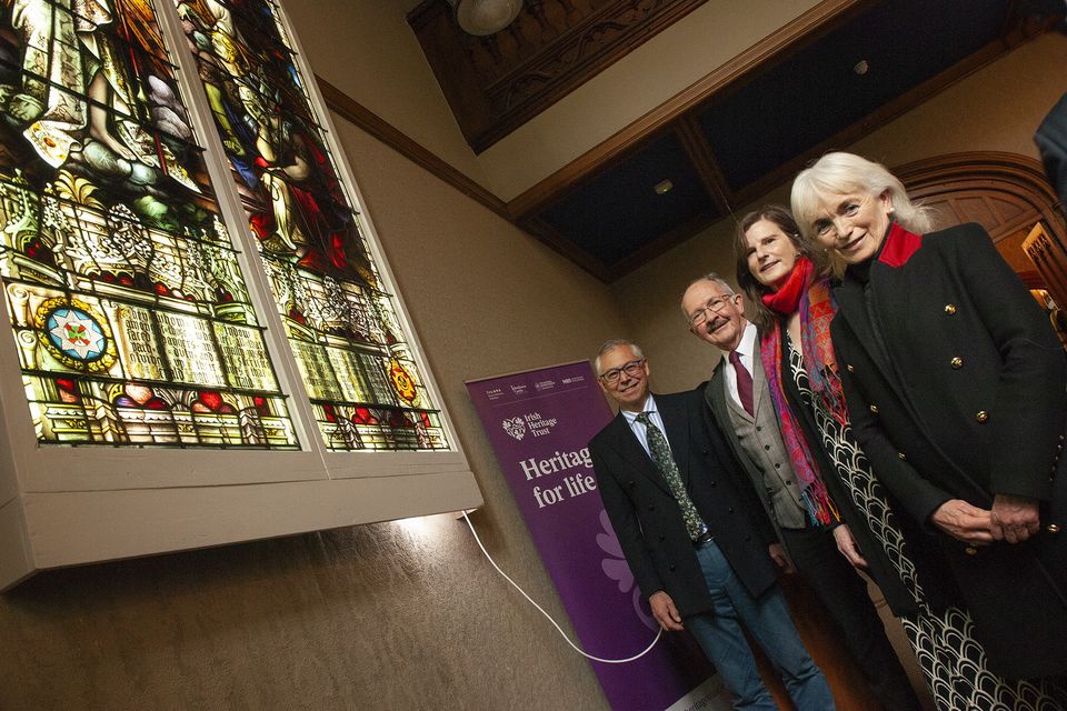 Michael Lakin, Michael Earley, Colette Langan (Irish Stained Glass) and Eliza Lambert pictured during the unveiling of the restored Rathaspeck Church stained glass window in Johnstown Castle on Thursday. Pic: Jim Campbell
