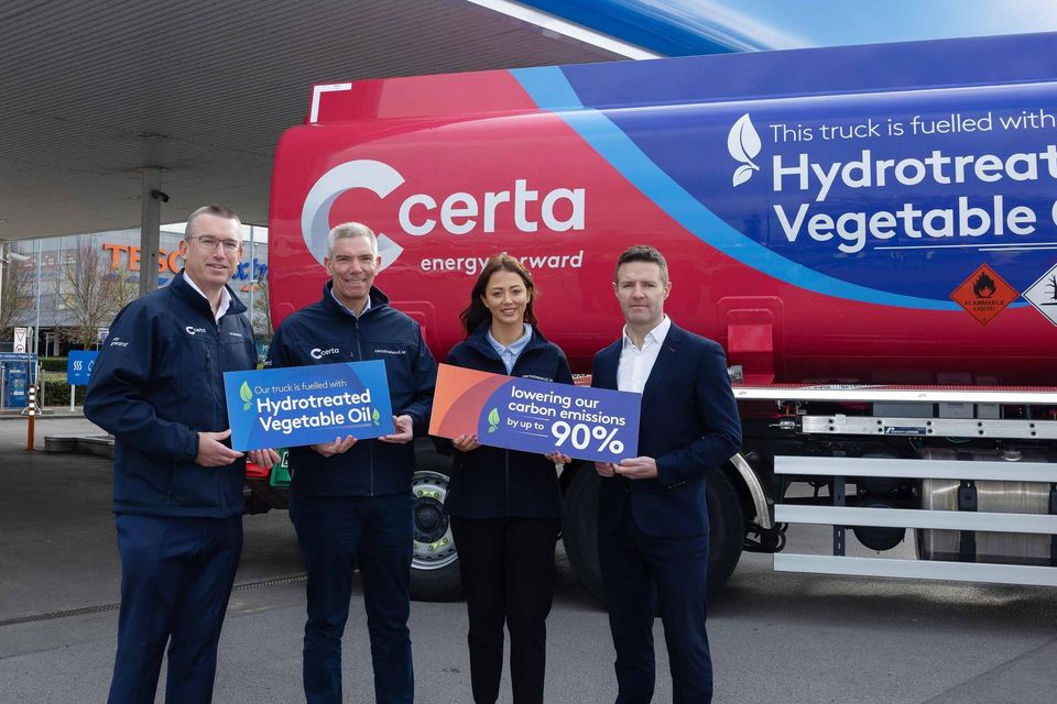 Andrew Graham, Managing Director, Certa Ireland, Fabian Ziegler, DCC Energy CEO, Laura Byrne Business Development Manager – Sustainable Fuels, and Cormac Durnin, Operations Director, Certa Ireland, announcing the company's fleet switching to HVO. Photo: Sean Brosnan
