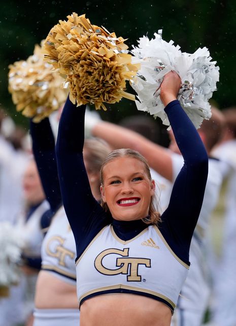 Georgia Tech cheerleaders performing at the Georgia Tech Helluva Block Party Pep Rally in Merrion Square, Dublin, as part of the build up to Saturday’s Aer Lingus College Football Classic, US College football match in Dublin. Photo: Brian Lawless/PA Wire