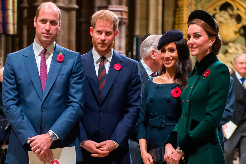 Prince William, Duke of Cambridge and Catherine, Duchess of Cambridge, Prince Harry, Duke of Sussex and Meghan, Duchess of Sussex attend a service marking the centenary of WW1 armistice at Westminster Abbey on November 11, 2018 in London, England