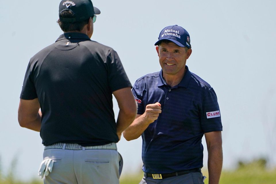 Playing partners Pádraig Harrington and Phil Mickelson after their second rounds at Kiawah Island. Photo: Chris Carlson/PA