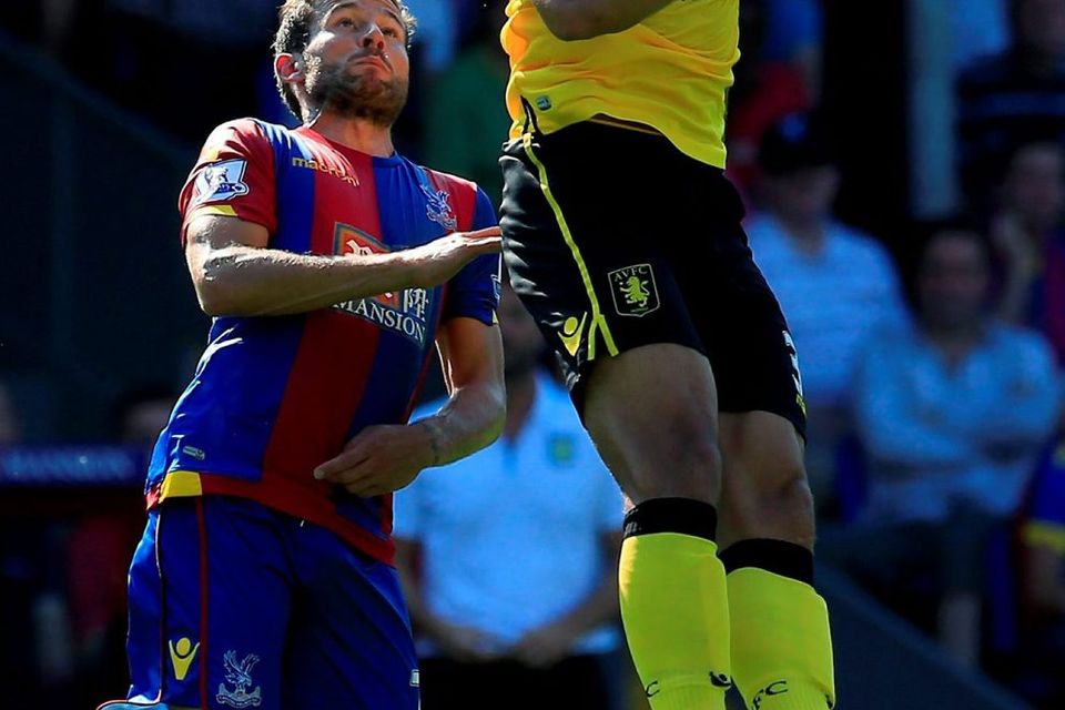 Crystal Palace's Yohan Cabaye and Aston Villa's Rudy Gestede battle for the ball