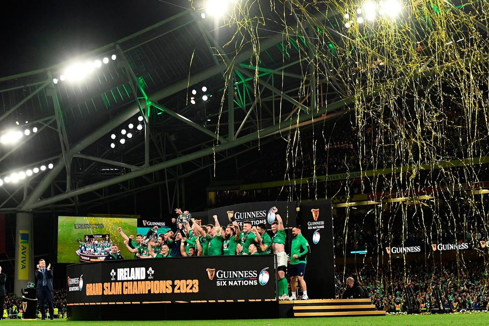 Ireland players celebrate with the Six Nations trophy and Triple Crown trophy. Photo: Sportsfile