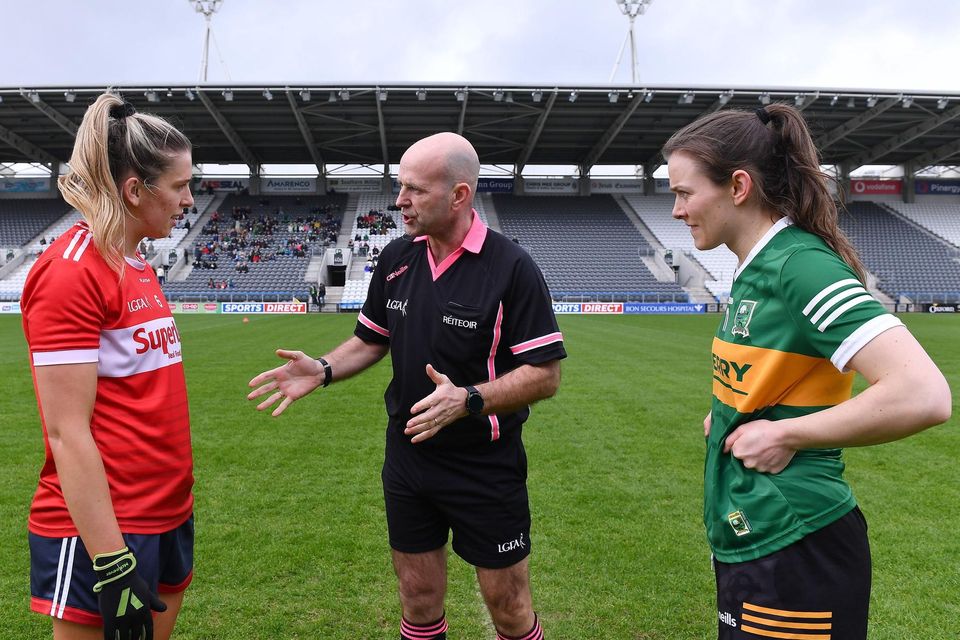 Referee Kevin Phelan with team captains Maire O'Callaghan of Cork and Anna Galvin of Kerry before their National League Division 1 match at Páirc Uí Chaoimh in Cork in March. The counties meet in the Munster SFC Final in Mallow on Sunday.