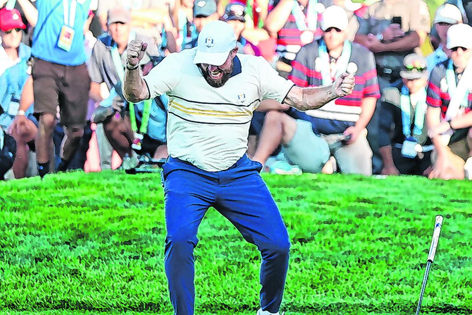 Shane Lowry celebrates sinking the putt to win the 2025 Ryder Cup for Europe at Bethpage, New York. Photo: Getty