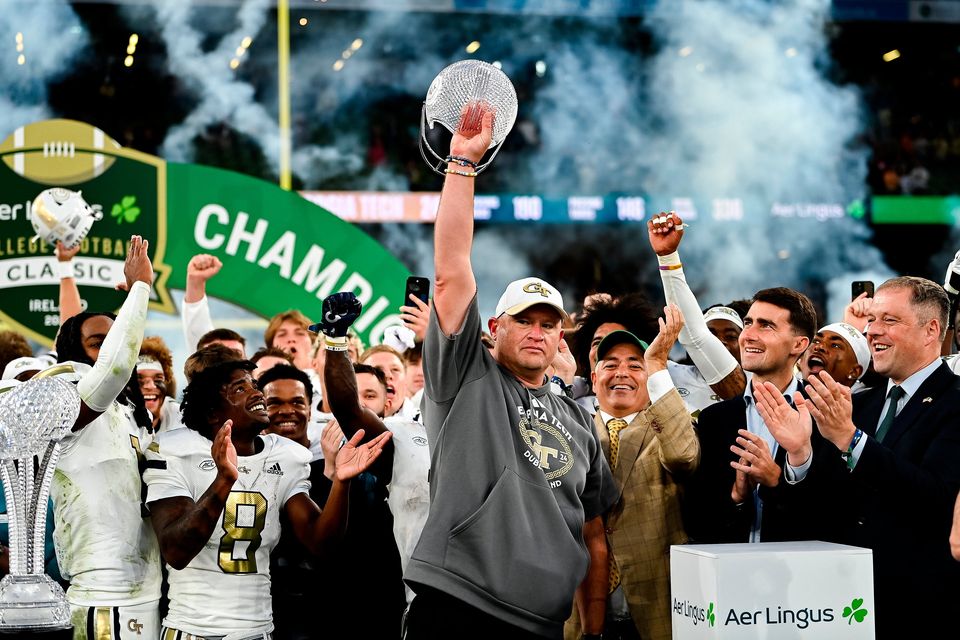 24 August 2024; Georgia Tech head coach Brent Key celebrates after the 2024 Aer Lingus College Football Classic match between Florida State and Georgia Tech at Aviva Stadium in Dublin. Photo by Brendan Moran/Sportsfile 